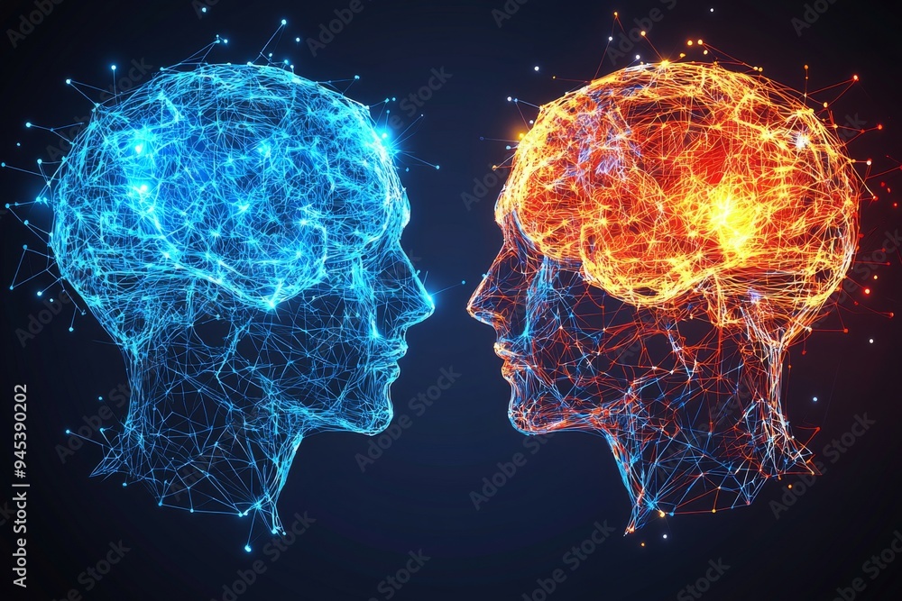 Poster two human profiles made of glowing blue and red neural networks facing each other symbolize the inte