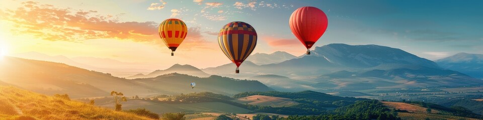 Fototapeta premium Vibrant hot air balloons floating in a clear blue sky over a colorful, blossoming field. Free copy space for banner.