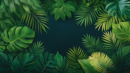 Fototapeta premium Lush Green Tropical Leaves Frame on Dark Background