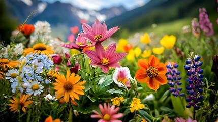 Wildflowers bloom in a meadow, their colors contrasting beautifully with the mountain backdrop.