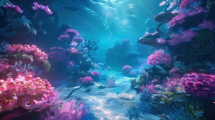 Naklejka premium Underwater Coral Reef Scene with Pink Flowers and Blue Water