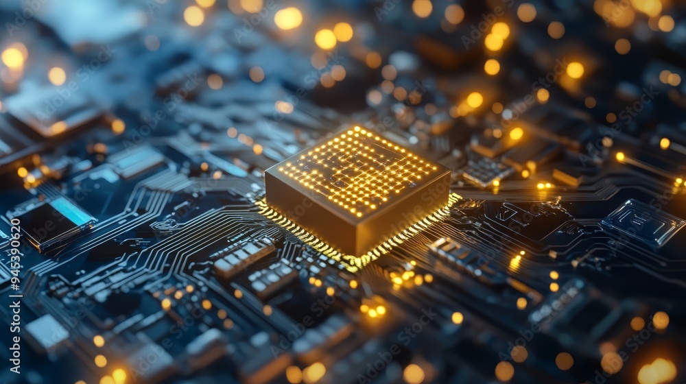 Poster glowing microchip on circuit board technology background