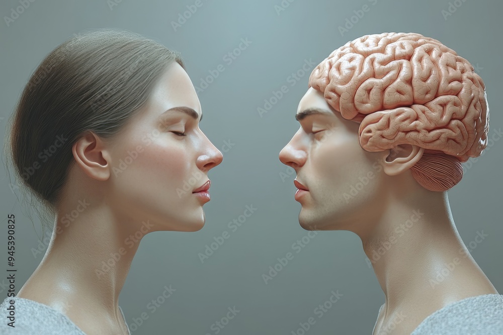 Poster a man and a woman with brain helmets facing each other in a minimalist setting symbolize the intelle