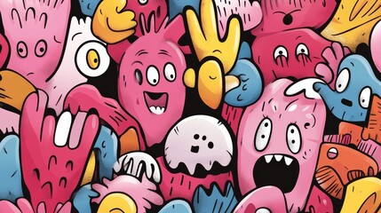 Obraz premium Colorful Cartoon Monster Doodle Pattern