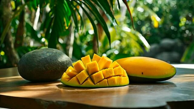 Ripe Yellow Mango Sliced and Ready to Eat on a Wooden Table with a Green, Round Fruit in the Background