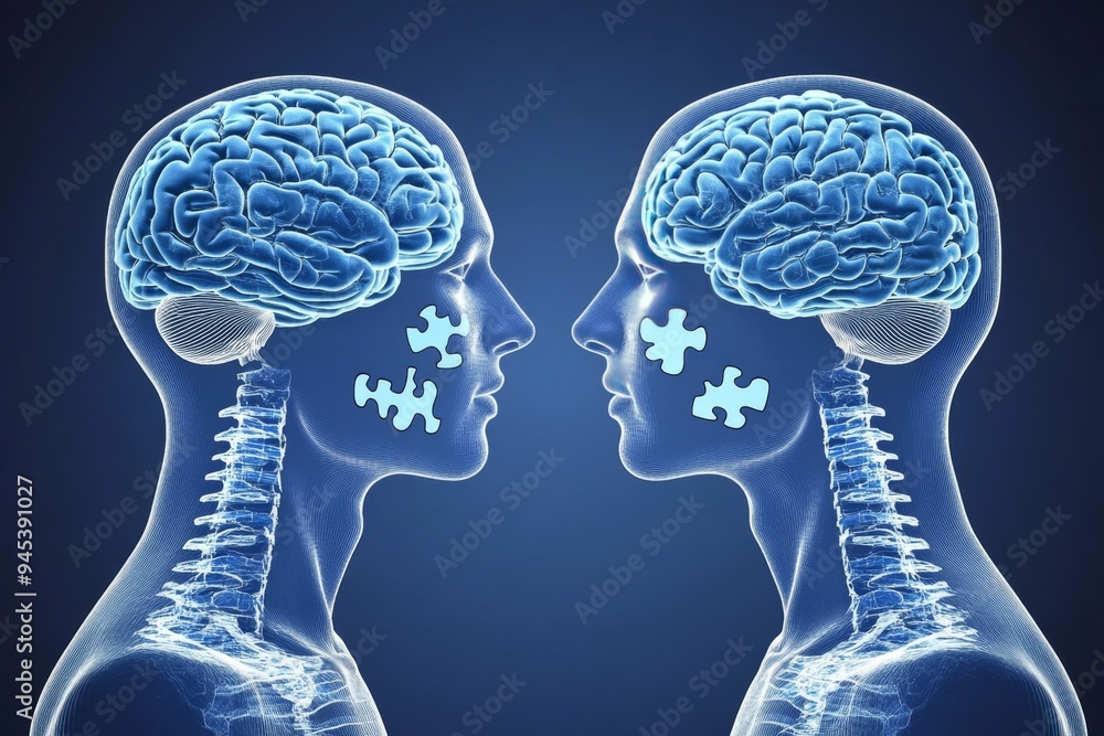 Poster two skeletal human heads with glowing brain networks symbolize the intersection of anatomy and cogni