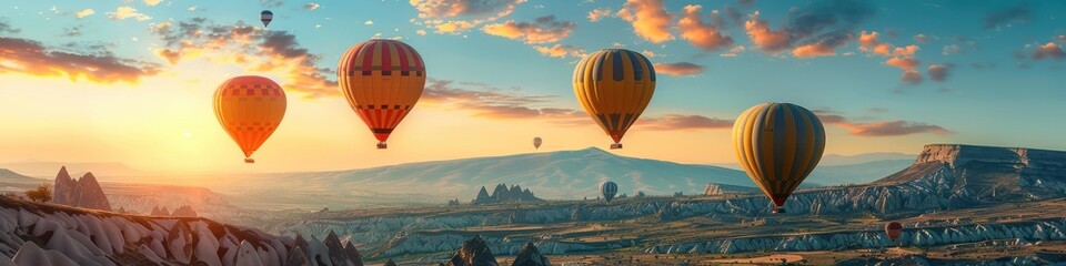Obraz premium Vibrant hot air balloons floating in a clear blue sky over a colorful, blossoming field. Free copy space for banner.
