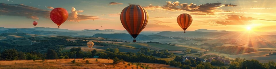 Fototapeta premium Vibrant hot air balloons floating in a clear blue sky over a colorful, blossoming field. Free copy space for banner.