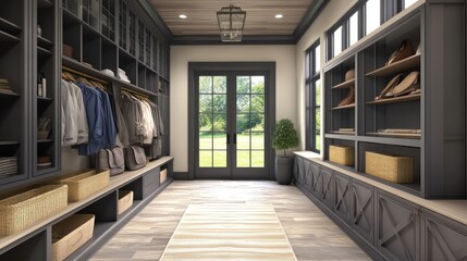 A well-lit entryway with a modern design features an open closet and shelving, a wood floor with a large rug, and a view of a green lawn and trees through french doors.