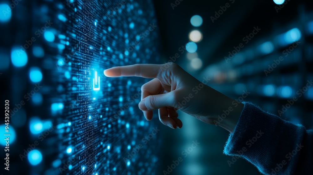 Poster fingertip interacting with digital data stream
