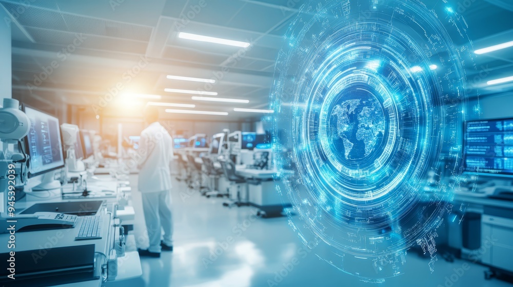 Aufkleber global network technology in modern lab with scientist