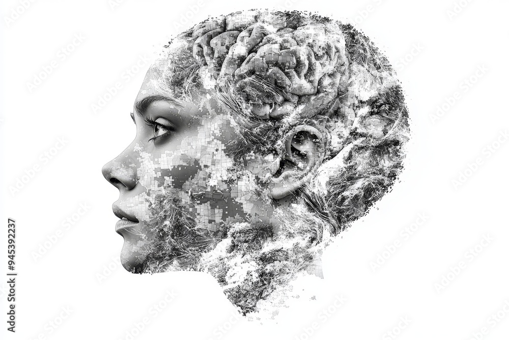 Poster a human face dissolving into black and white particles symbolizes the fragmentation of identity and 