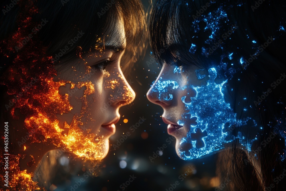 Poster two human profiles facing each other with glowing orange and blue light symbolize the intense connec