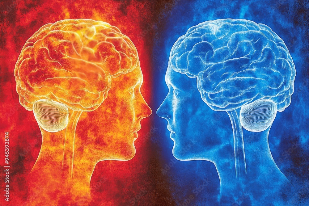 Poster two human profiles with glowing red and blue brains symbolize the clash of ideas and the conflict be