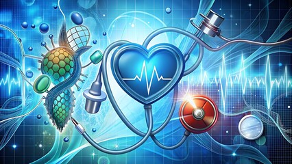 A vibrant medical illustration with a heart-shaped ECG monitor, stethoscopes, and abstract cells, set against a glowing blue background.