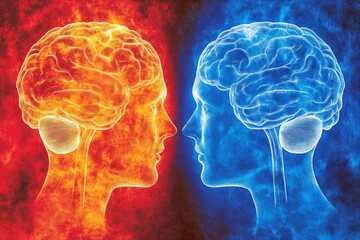 Two human profiles with glowing red and blue brains symbolize the clash of ideas and the conflict between opposing thoughts in an intense intellectual discourse