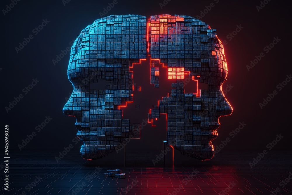 Poster a digital human head made of glowing red and blue pixels symbolizes the integration of technology an