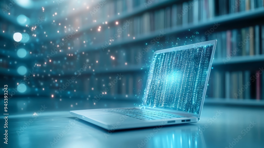 Poster futuristic laptop with binary code and glowing particles