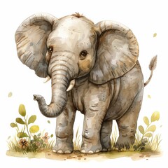 Fototapeta premium Watercolor painting of a baby elephant in a field of flowers. Detailed and charming, captures the playful nature and cuteness of the animal
