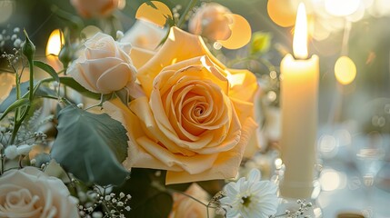 Watercolor yellow rose wedding theme deco at borde