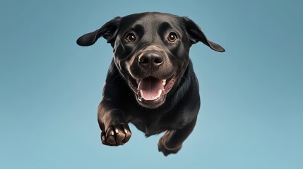 Happy Black Labrador Retriever Dog Paw Reaching Out on Blue Background