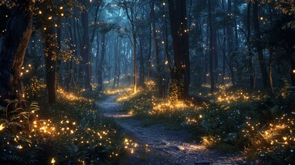 Obraz premium Enchanted Forest Path with Fireflies at Night - Magical Nature Scene