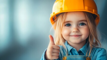 Happy Little Girl Wearing Yellow Hard Hat and Giving Thumbs Up