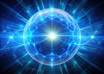 Obraz premium Luminous glowing blue sphere radiates intense energy, pulsing with vibrant light, symbolizing innovation, technology, and dynamic power in a futuristic abstract background.