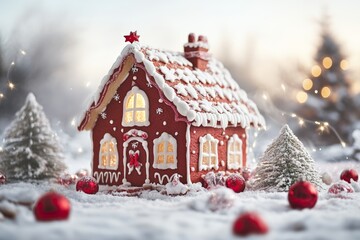Naklejka premium A beautifully decorated gingerbread house with intricate icing details and festive decorations in a cozy Christmas setting.