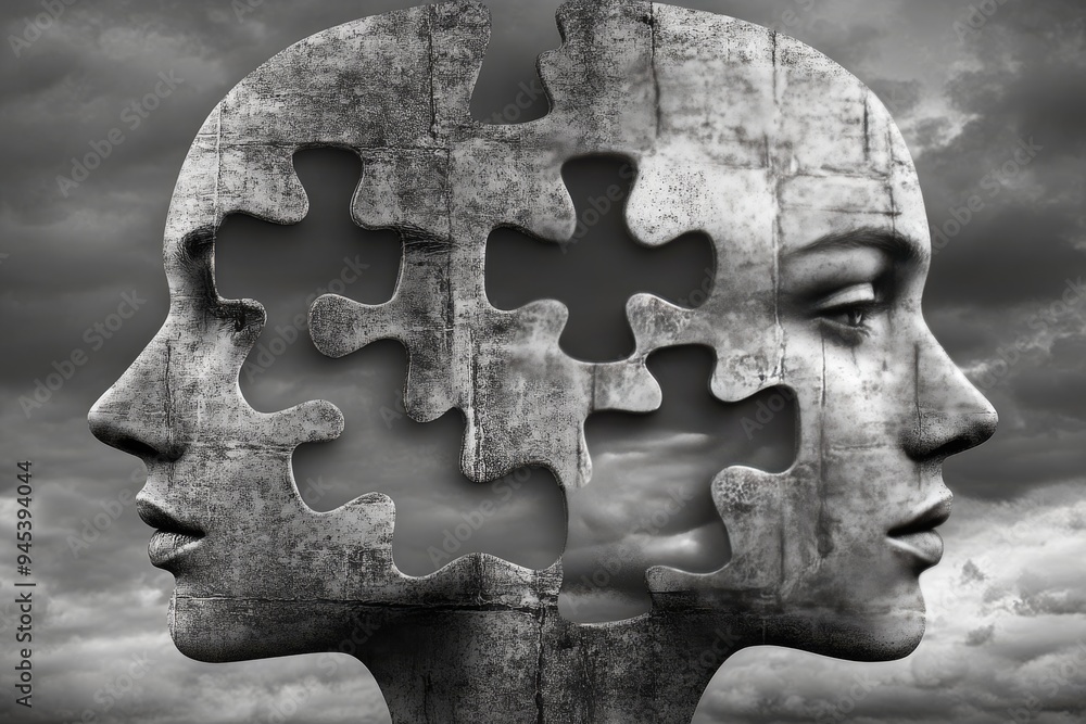Poster two abstract human heads with puzzle piece cutouts symbolize the complexity of identity and the intr