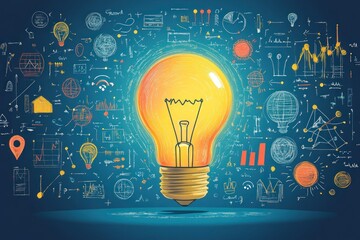 Illuminated Light Bulb Amidst Hand-Drawn Charts and Diagrams on a Blue Background