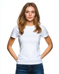 Fototapeta premium Woman in white t-shirt and jeans, hands in pockets