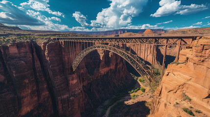 towering steel bridge spans deep canyon under vibrant blue sky dramatic contrast between rugged red cliffs and open wilderness