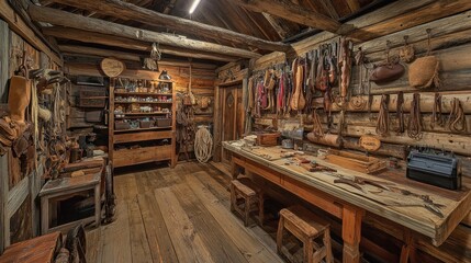 A rustic wooden interior with tools and leather goods on the walls, a workbench, and two wooden stools.