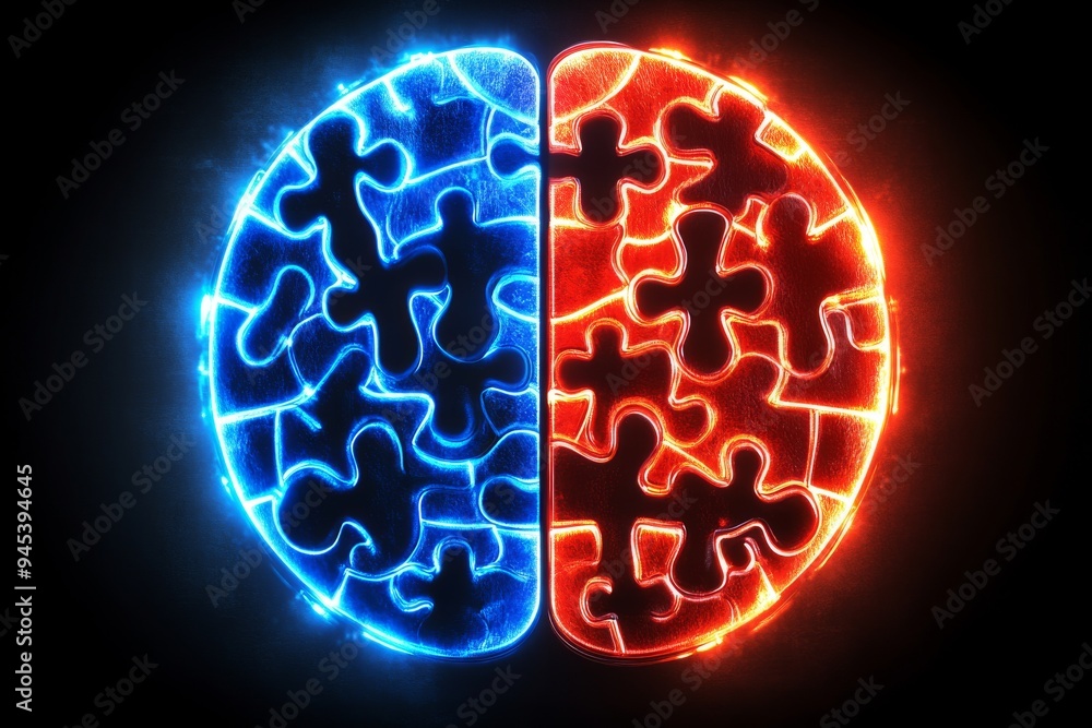 Aufkleber a human brain split into glowing blue and red halves each composed of puzzle pieces symbolizes the d