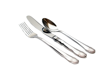 High-quality cutlery set isolated on transparent background for culinary design projects and kitchenware illustrations, featuring detailed close-up of silver utensils ideal for food preparation and co