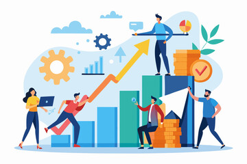 Teamwork to help business growth, team success or increase performance, improvement or growing business, career growth or effort to succeed concept, business people team help build growth graph chart.
