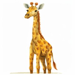 Obraz premium Whimsical illustration of a friendly giraffe against a white background. Depicts giraffe with long neck, spotted coat, and long eyelashes