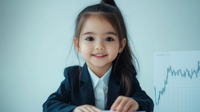 Happy Little Girl in Business Suit Looking at Financial Chart - Powered by Adobe