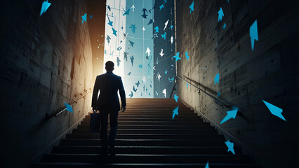 Silhouette of businessman on stairs with blue arrows, symbolizing career growth, progress, and aspiration.