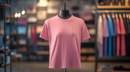 Pink T-shirt showcased on a mannequin in a contemporary clothing store with a colorful display of shirts in the background.