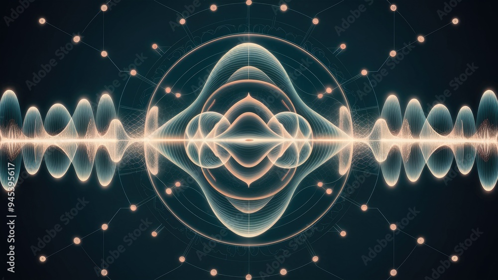 Poster quantum dynamics series: abstract design featuring patterns of oscillating frequency waves in modern