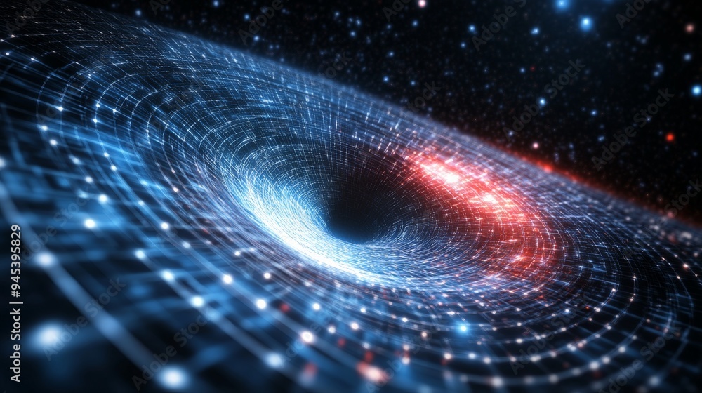 Poster A digitally created blue and red vortex illustrating the concept of a space-time warp, showcasing the interaction between cosmic forces in a vibrant, dynamic representation.