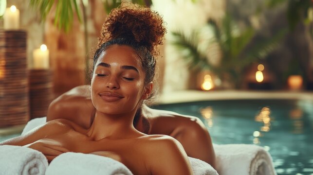 A serene couple indulges in a refreshing massage beside a tranquil pool, surrounded by soft candlelight and lush foliage, representing ultimate relaxation and harmony.