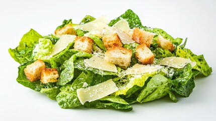 This appetizing image showcases a fresh Caesar salad topped with golden brown croutons and generous shavings of cheese, highlighting the fresh and crisp texture of the ingredients.