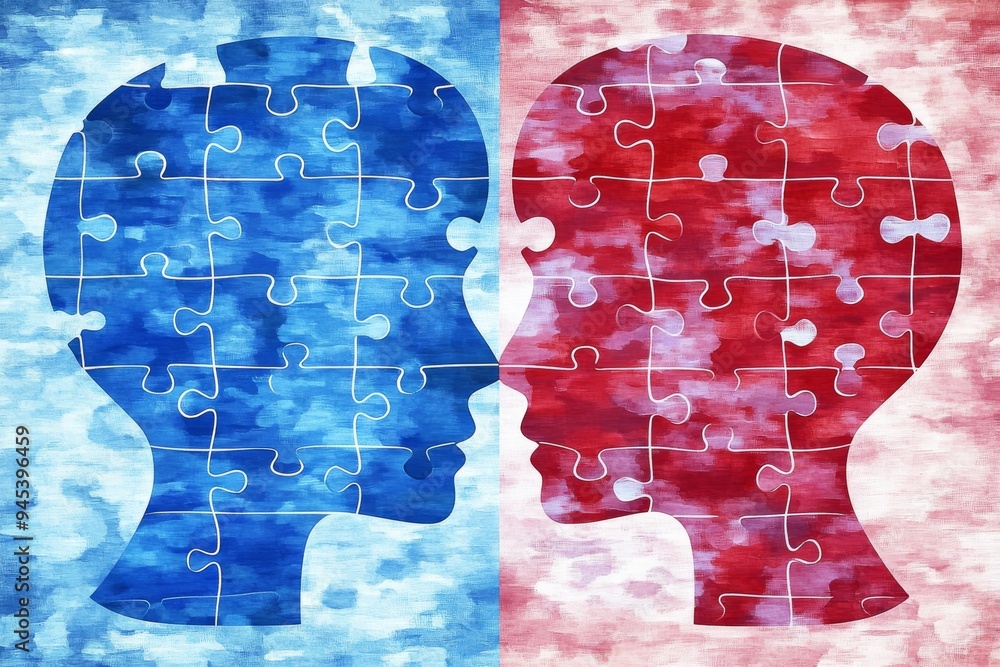 Aufkleber two human profiles composed of red and blue puzzle pieces facing each other symbolize the ideologica