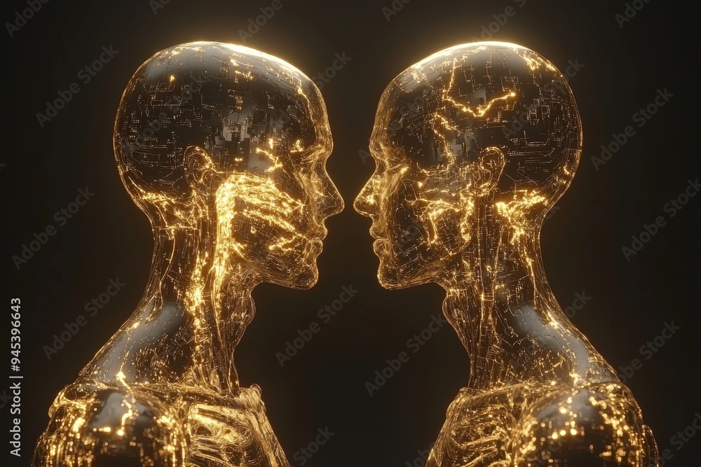 Poster two golden humanoid figures facing each other in a dark setting symbolize the ethereal connection an