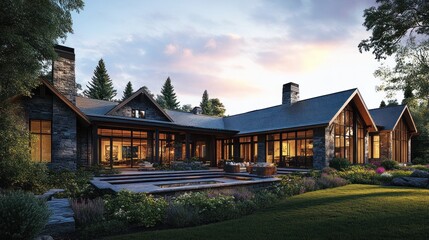 Modern stone house with large windows and a patio overlooking a manicured lawn.