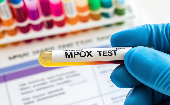 Gloved hand holding a test tube labeled "MPOX Test," highlighting the diagnostic process for the virus.