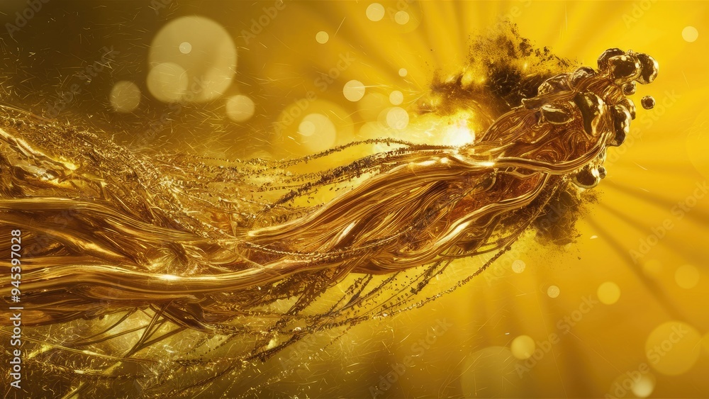 Poster Shimmering gold particles create a flowing bokeh abstract background with radiant dust flares on a vibrant yellow backdrop.